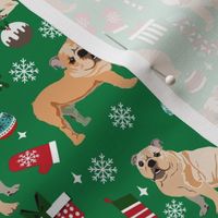 bulldog christmas fabric - dog fabric, christmas fabric, english bulldog, english bulldog fabric - green