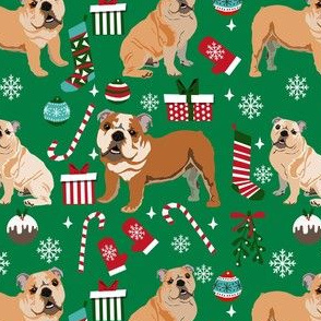 bulldog christmas fabric - dog fabric, christmas fabric, english bulldog, english bulldog fabric - green