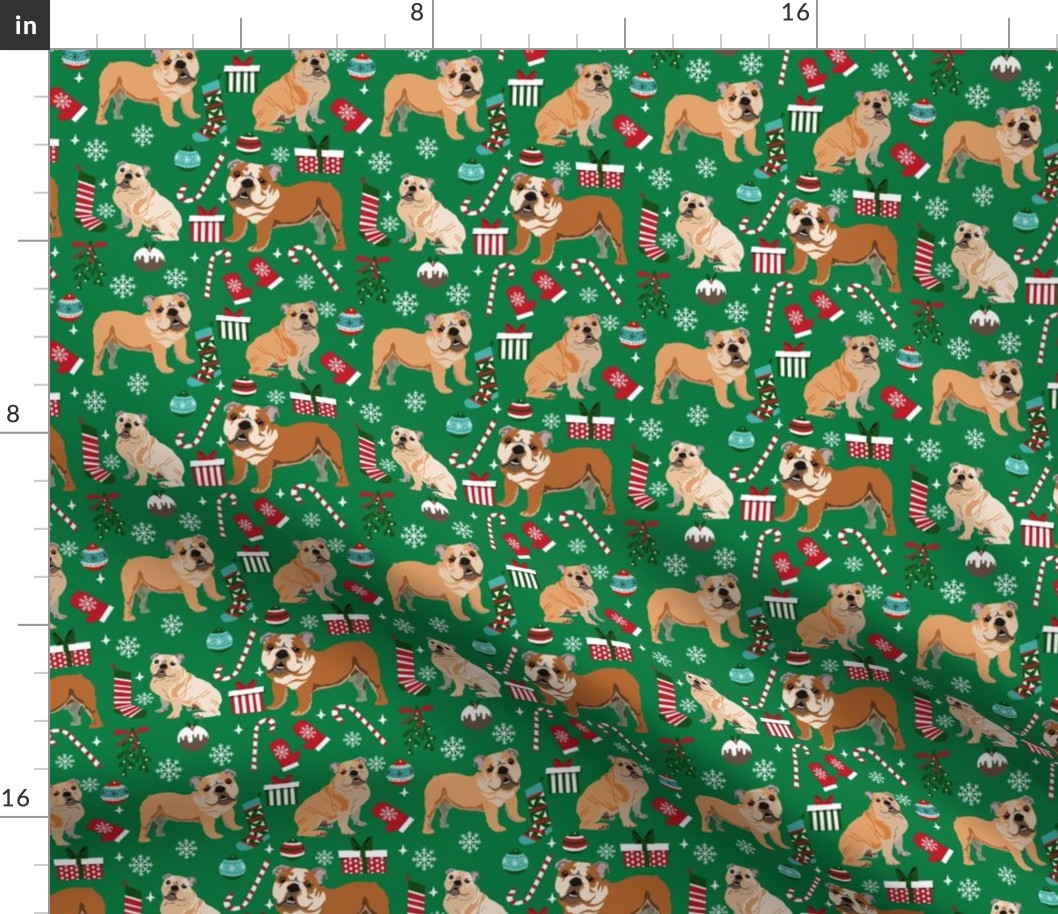 bulldog christmas fabric - dog fabric, christmas fabric, english bulldog, english bulldog fabric - green