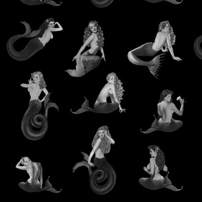 Mermaids Grayscale on Black