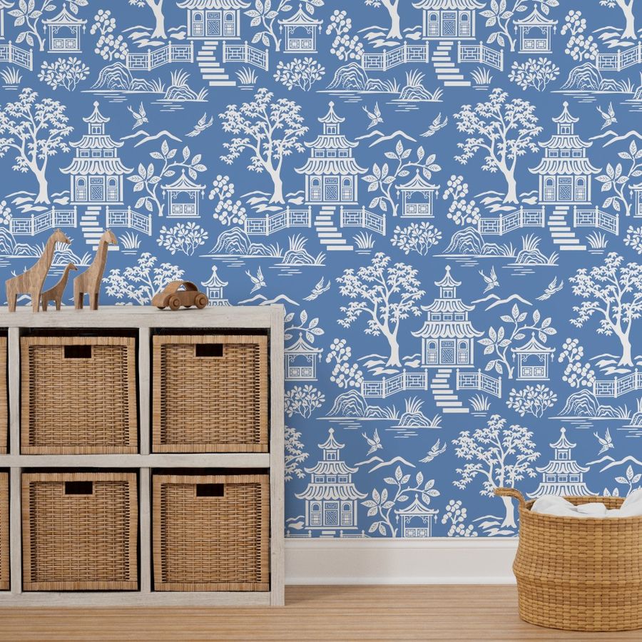 Chinoiserie Pagoda Blue Wallpaper | Spoonflower