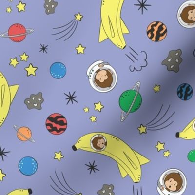 Astronaut monkey, banana rocket space ship, green, orange, blue planets, yellow stars, gray asteroids.