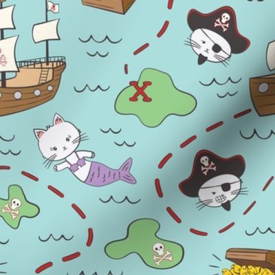 Cat pirate ship, cat mermaid, purrmaid, treasure island, map on blue