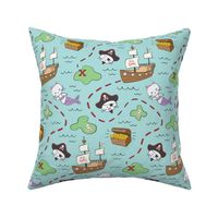 Cat pirate ship, cat mermaid, purrmaid, treasure island, map on blue