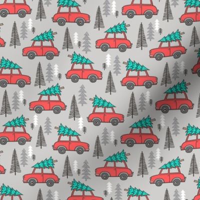 Holiday Christmas Tree Red Car Woodland Fall on Grey Smaller Tiny 1,5 inch