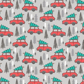 Holiday Christmas Tree Red Car Woodland Fall on Grey Smaller Tiny 1,5 inch