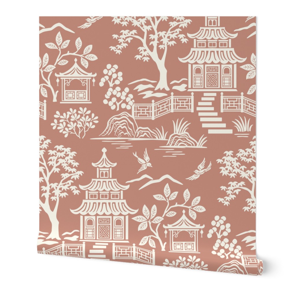 Chinoiserie Pagoda Brick Red Wallpaper | Spoonflower