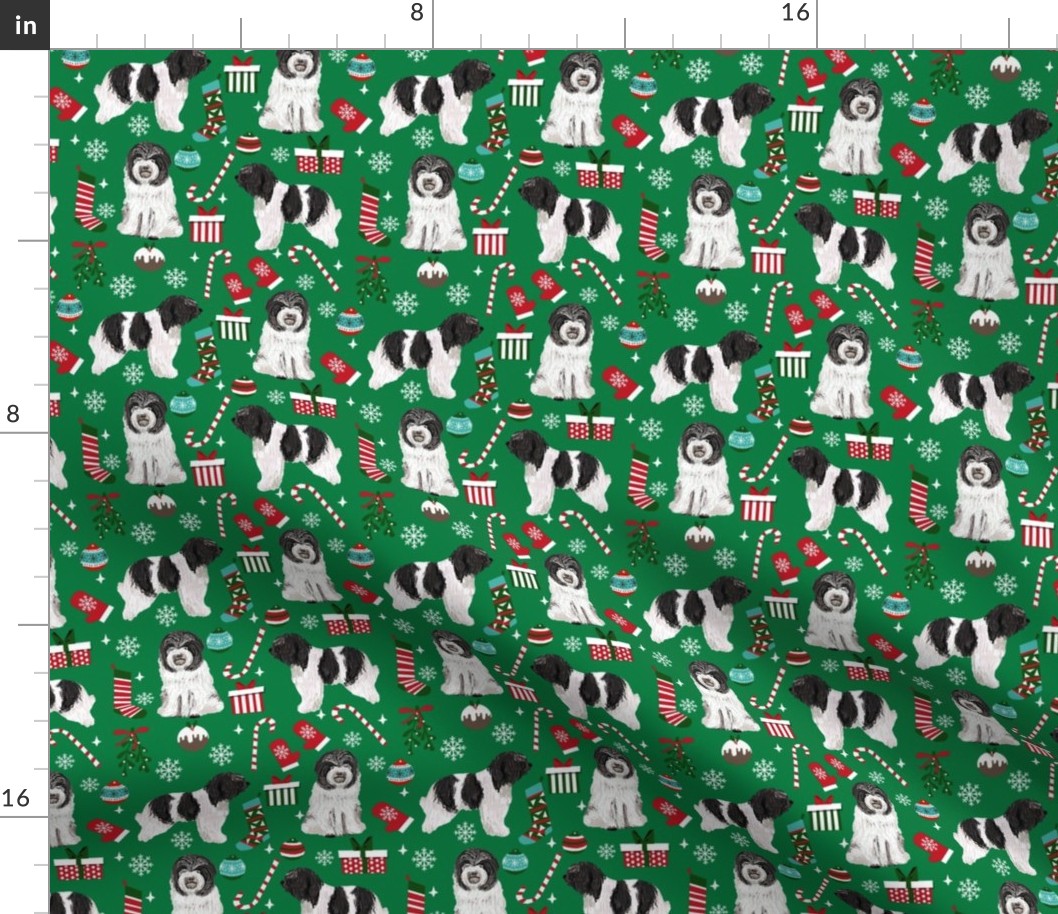 schapendoes dog christmas fabric - dutch sheepdog fabric, schapendoes fabric - green