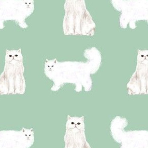 persian cat fabric - white cat, persian cat fabric -mint