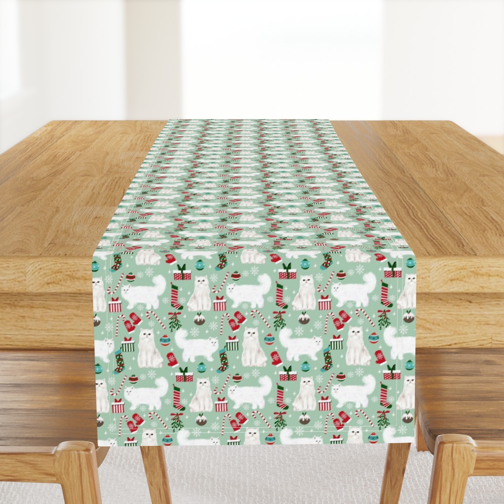 persian cat christmas fabric - cat christmas, christmas cat fabric, persian cat fabric -mint