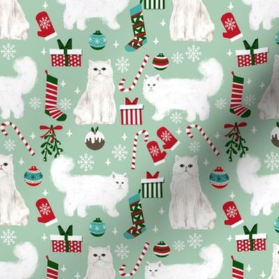 persian cat christmas fabric - cat christmas, christmas cat fabric, persian cat fabric -mint
