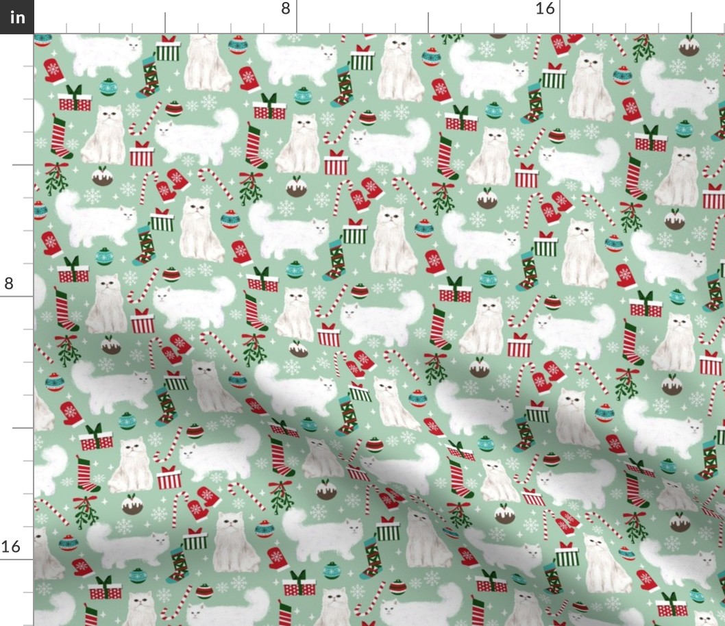 persian cat christmas fabric - cat christmas, christmas cat fabric, persian cat fabric -mint