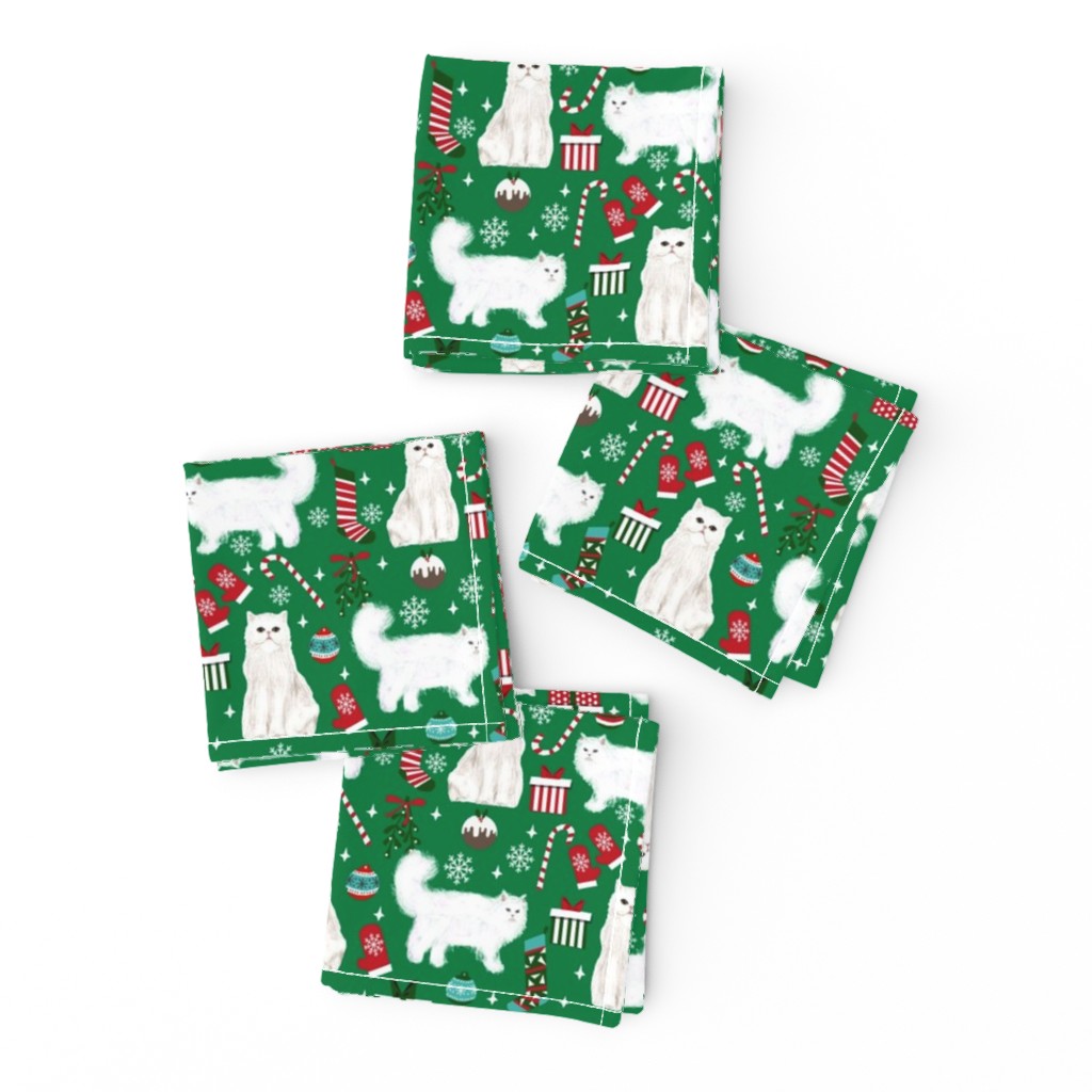 persian cat christmas fabric - cat christmas, christmas cat fabric, persian cat fabric - green