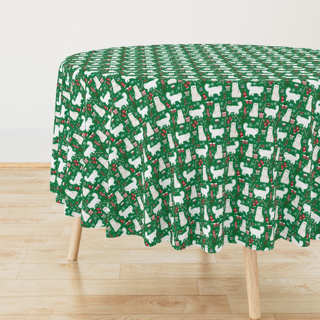 persian cat christmas fabric - cat christmas, christmas cat fabric, persian cat fabric - green