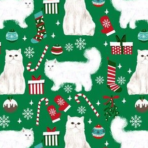 persian cat christmas fabric - cat christmas, christmas cat fabric, persian cat fabric - green
