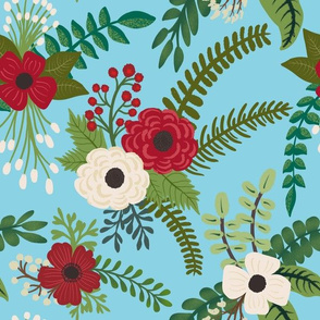 Christmas Floral Flowers on Turquoise  Background 