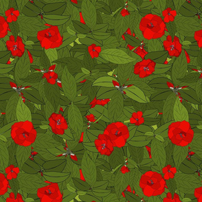 Camellia tile red on green