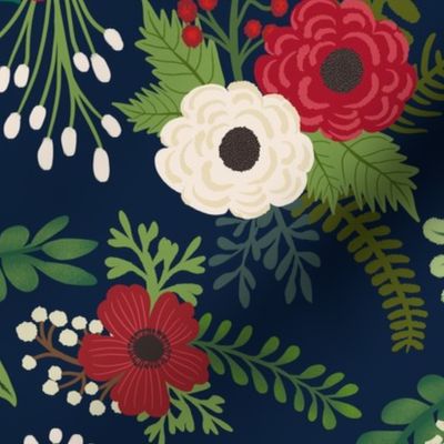 Christmas Floral Flowers on Navy  Background 