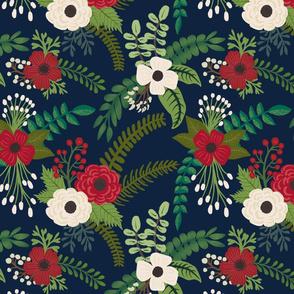 Christmas Floral Flowers on Navy  Background 