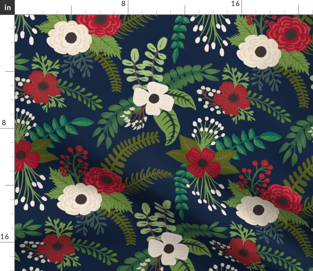 Christmas Floral Flowers on Navy  Background 