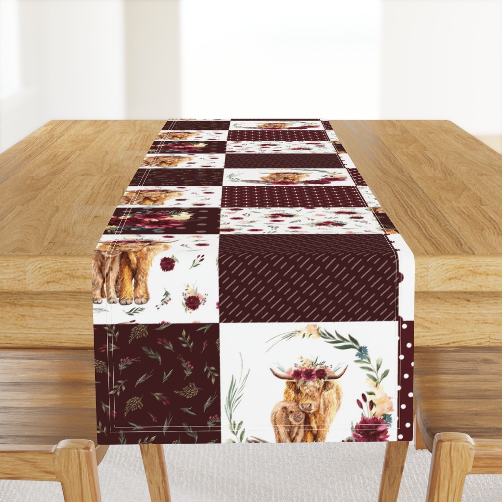 9" maroon floral highland cow cheater quilt