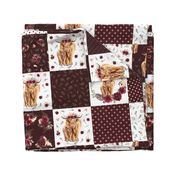 9" maroon floral highland cow cheater quilt