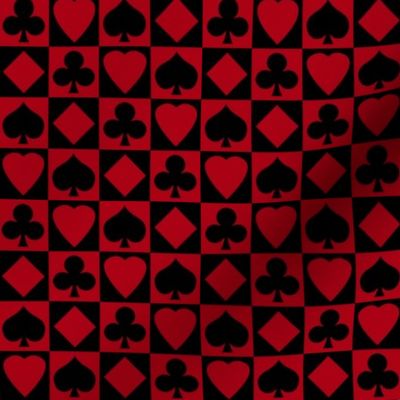 Small Dark Red and Black Playing Card Suits on Black and Dark Red Checkerboard