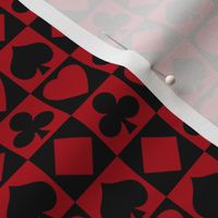 Small Dark Red and Black Playing Card Suits on Black and Dark Red Checkerboard