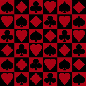 Medium Dark Red and Black Playing Card Suits on Black and Dark Red Checkerboard