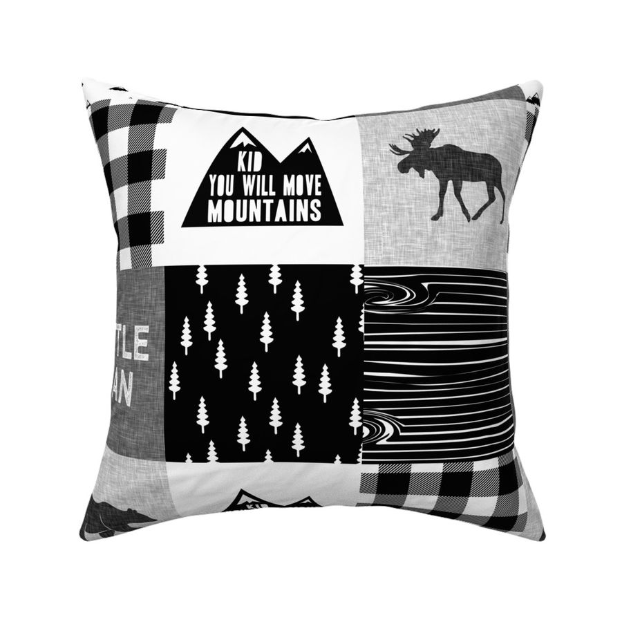 Little Man & Kid you will move mountains - moose, bear, and buck head patchwork - monochrome - C19BS