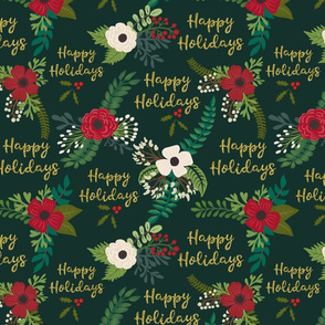 Gold Faux Metallic Merry Christmas Florals with Greeting Green Background