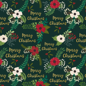 Gold Faux Metallic Merry Christmas Florals with Greeting Green Background