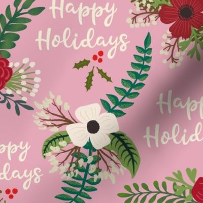 Christmas Florals Flowers with Happy Holidays Greeting Pink Background