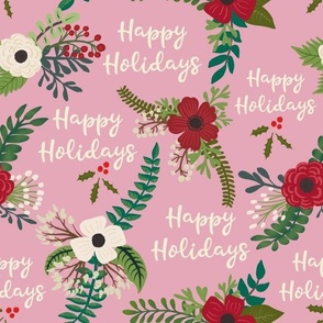 Christmas Florals Flowers with Happy Holidays Greeting Pink Background