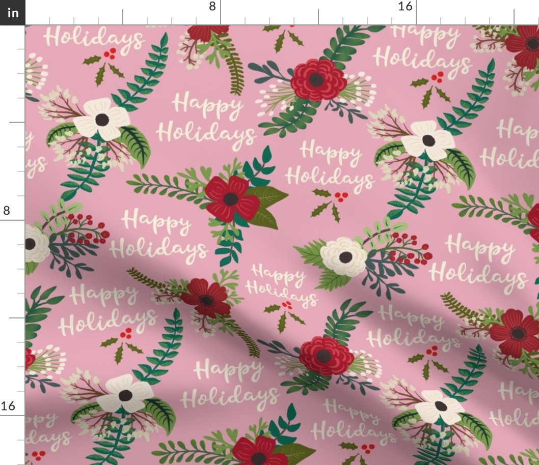 Christmas Florals Flowers with Happy Holidays Greeting Pink Background