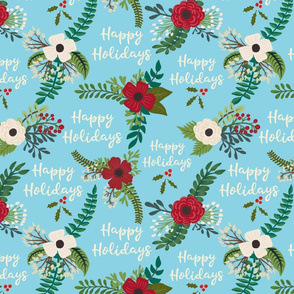 Christmas Florals Flowers with Happy Holidays Greeting Blue Background