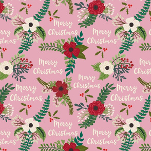 Merry Christmas Christmas Florals on Pink Background