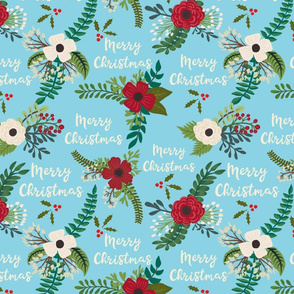 Merry Christmas Christmas Florals on Blue Background