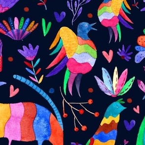 Otomi animals and flowers colorful black background