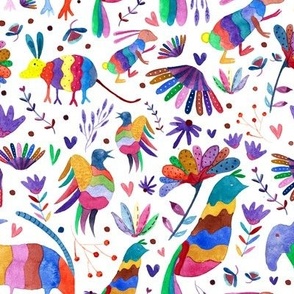 Otomi animals and flowers colorful white background