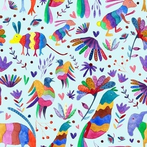 Otomi animals and flowers colorful light blue background