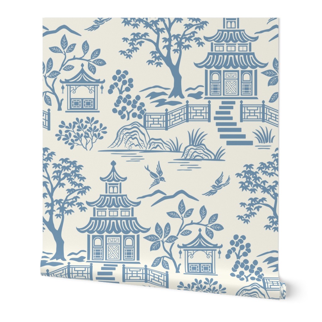 Chinoiserie Pagoda Slate Blue on White