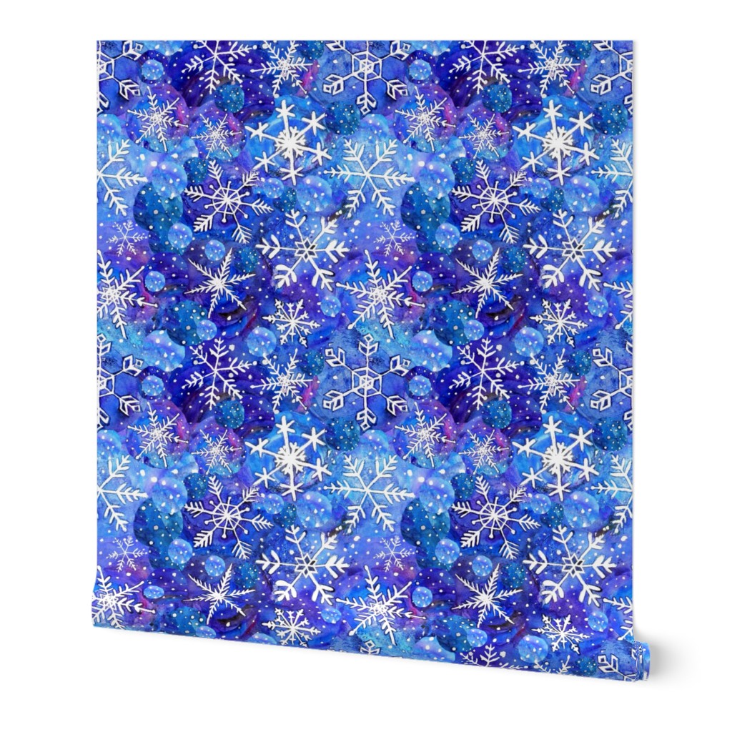 blue snowflake in blue and white watercolor