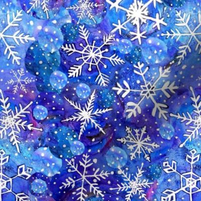 blue snowflake in blue and white watercolor