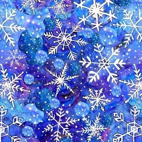 blue snowflake in blue and white watercolor