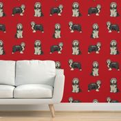 bearded collie fabric - black bearded collie, dog fabric, - red