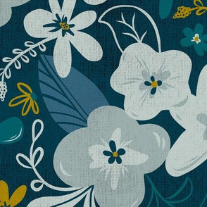 Greyson - Boho Floral - Large Scale - Dark Floral - Teal Blue 