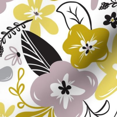 Greyson - Boho Floral - Large Scale - Mustard Yellow - Grey- Purple Flowers
