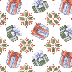 Christmas theme Seamless Pattern with watercolor illustration of gifts and ornament