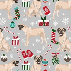 english mastiff christmas fabric - christmas dog, mastiff dog fabric, mastiff christmas, dog christmas fabric -grey